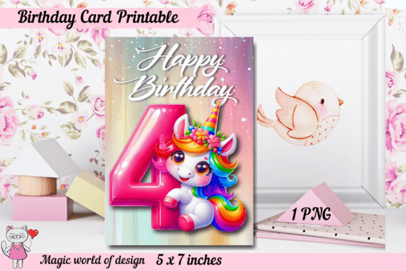 Unicorn 4th Birthday Card for Kids